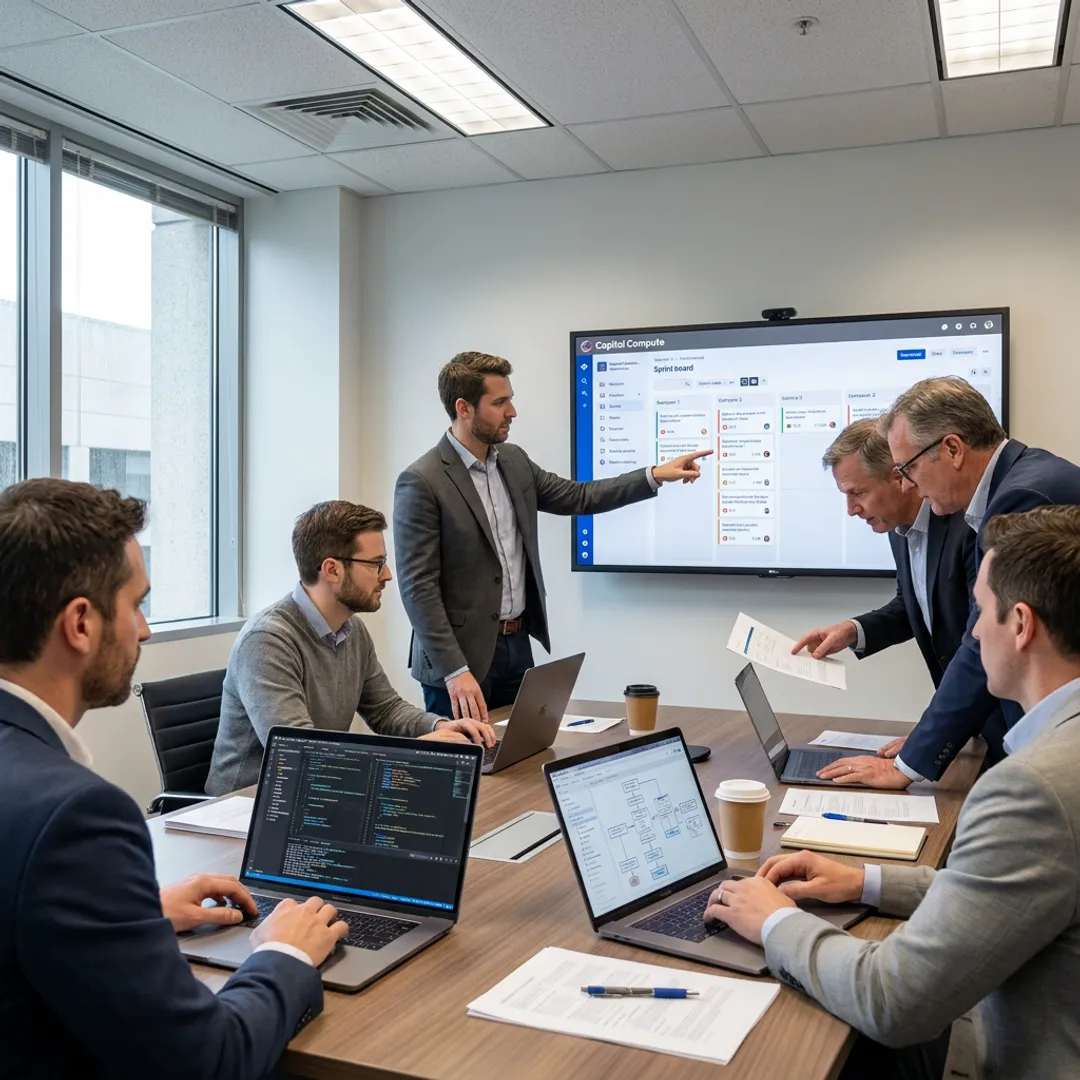 Software team reviewing project workflow