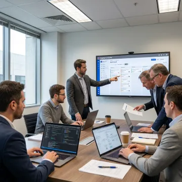 Software team reviewing project workflow