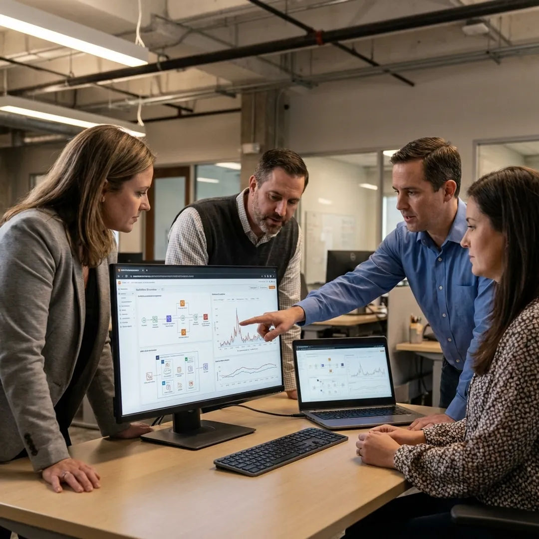 Digital transformation team reviewing software dashboards
