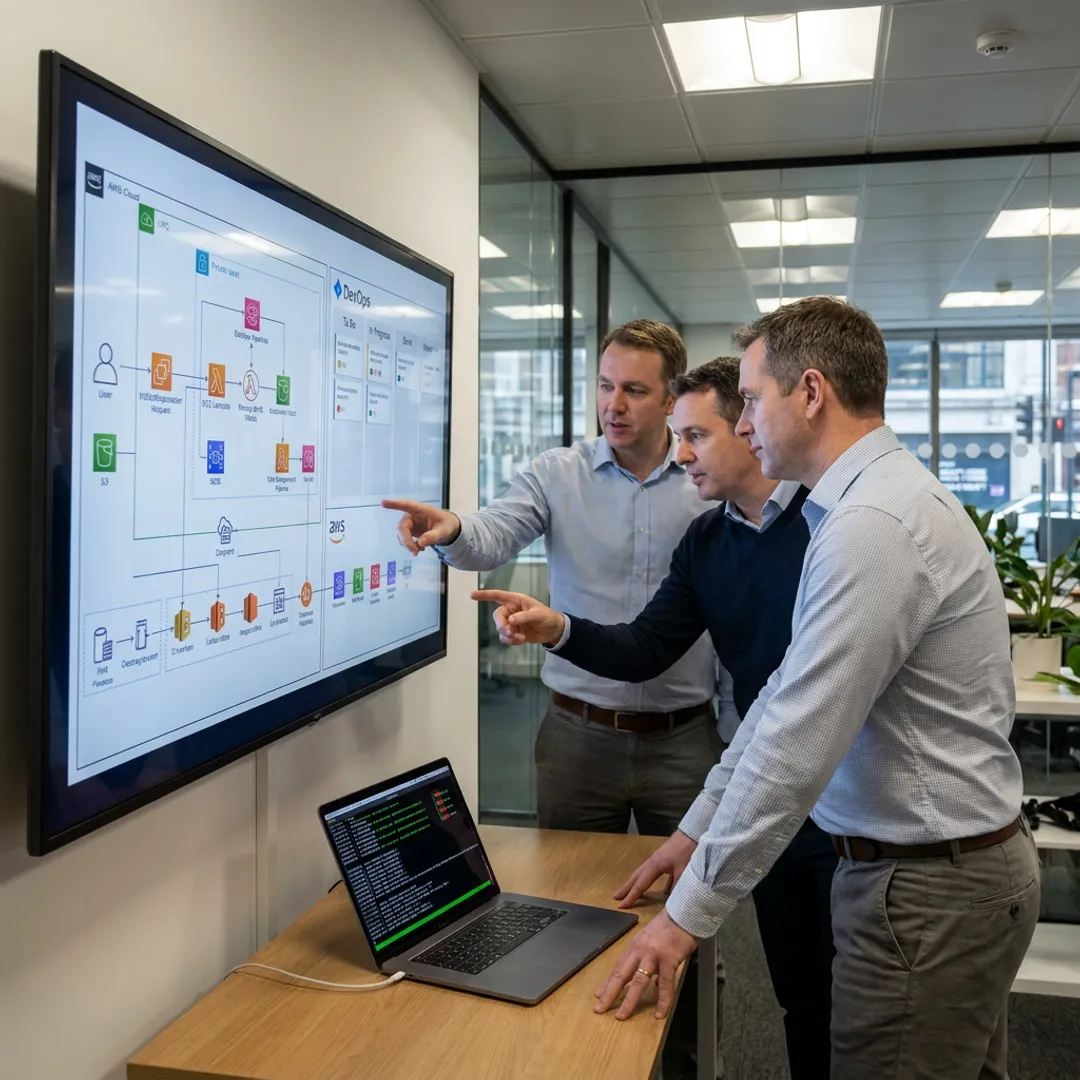 Engineers reviewing cloud architecture and DevOps workflows