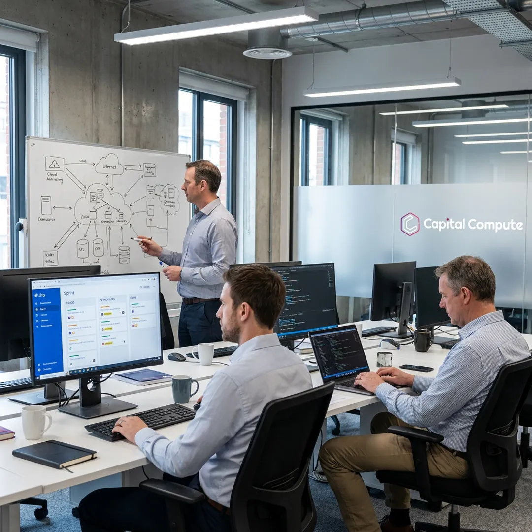 Software development team reviewing project workflow