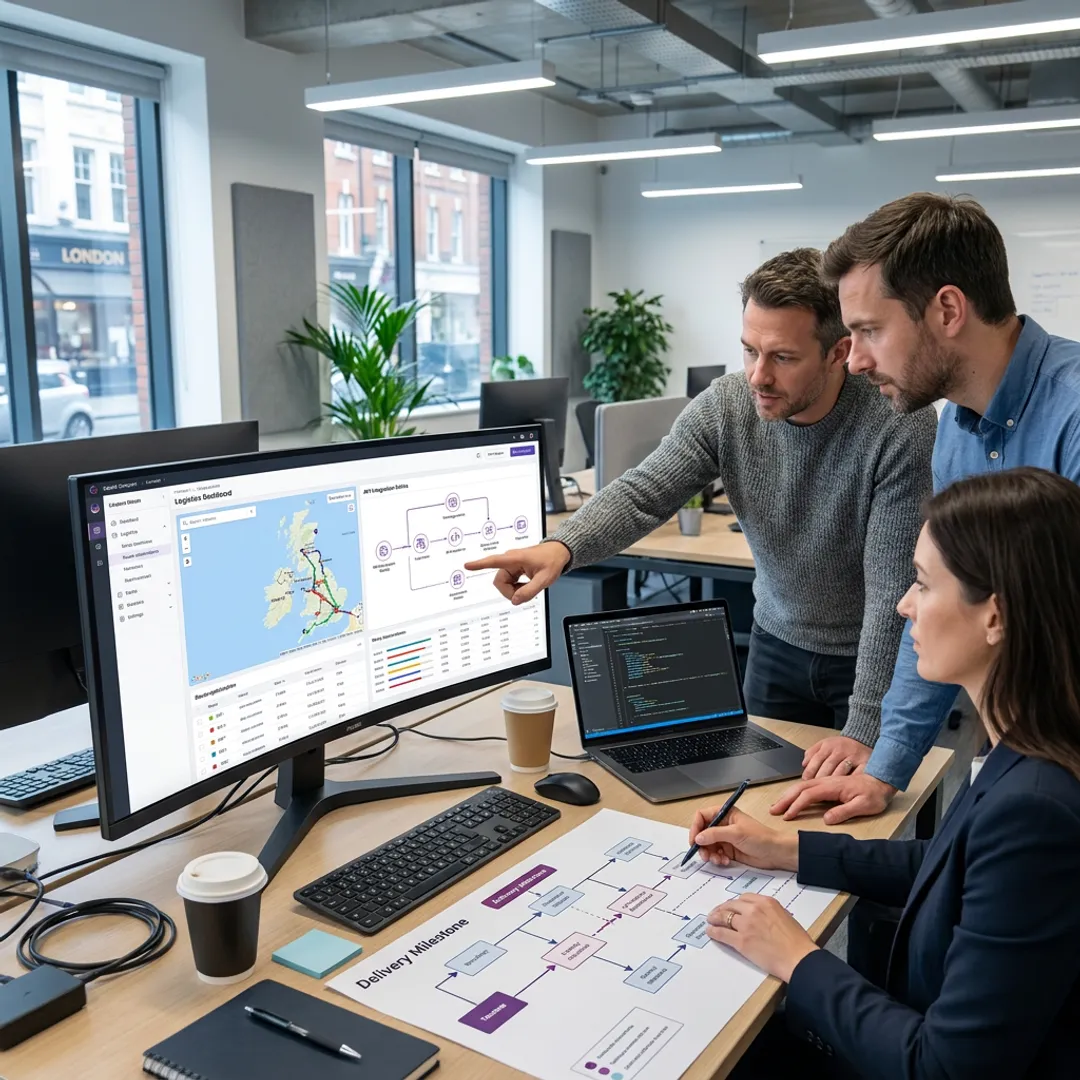 Engineers planning logistics software workflow