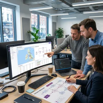 Engineers planning logistics software workflow