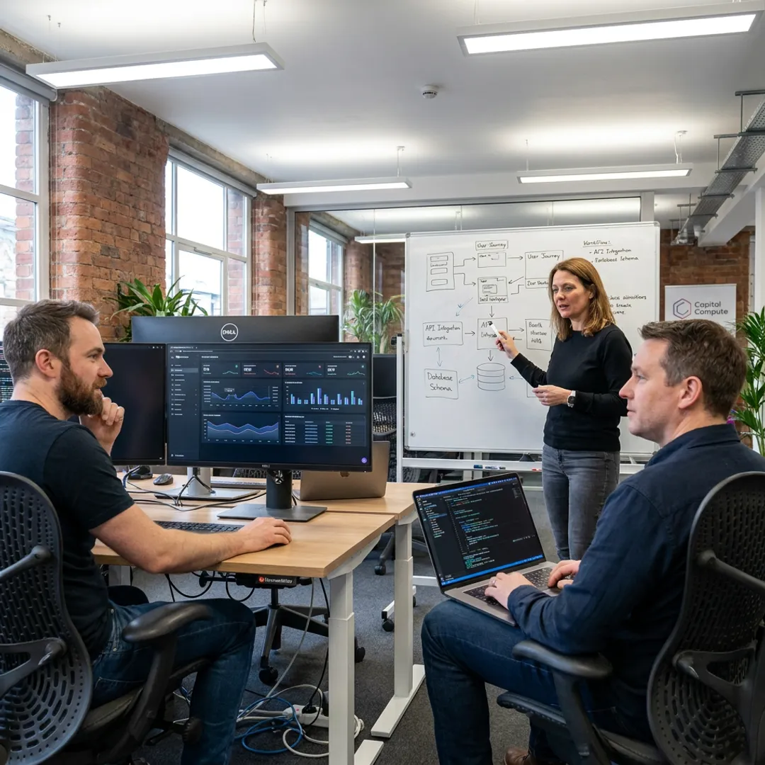 Custom software development team planning a business platform