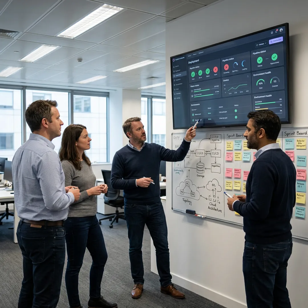 Engineers planning a DevOps automation process