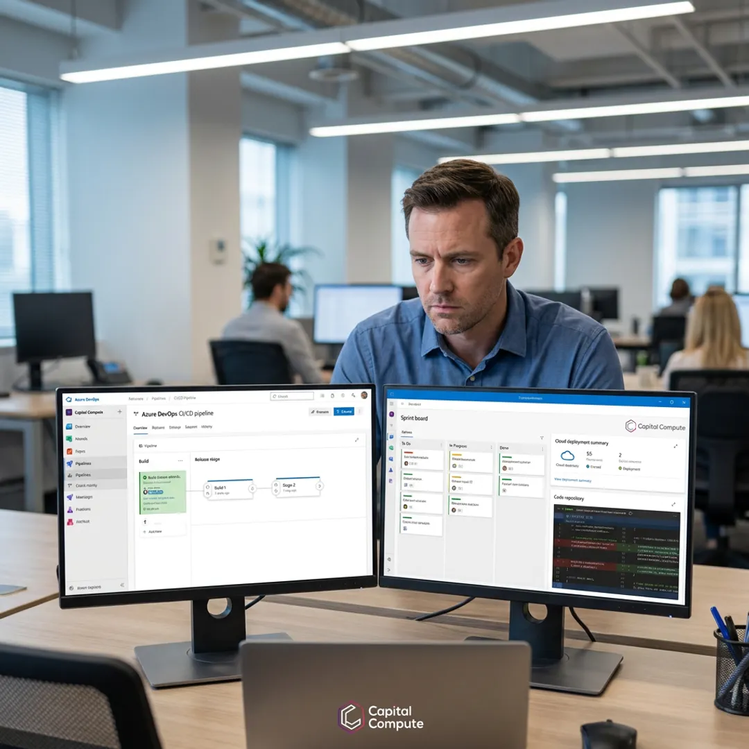 Azure DevOps consultant reviewing deployment pipelines