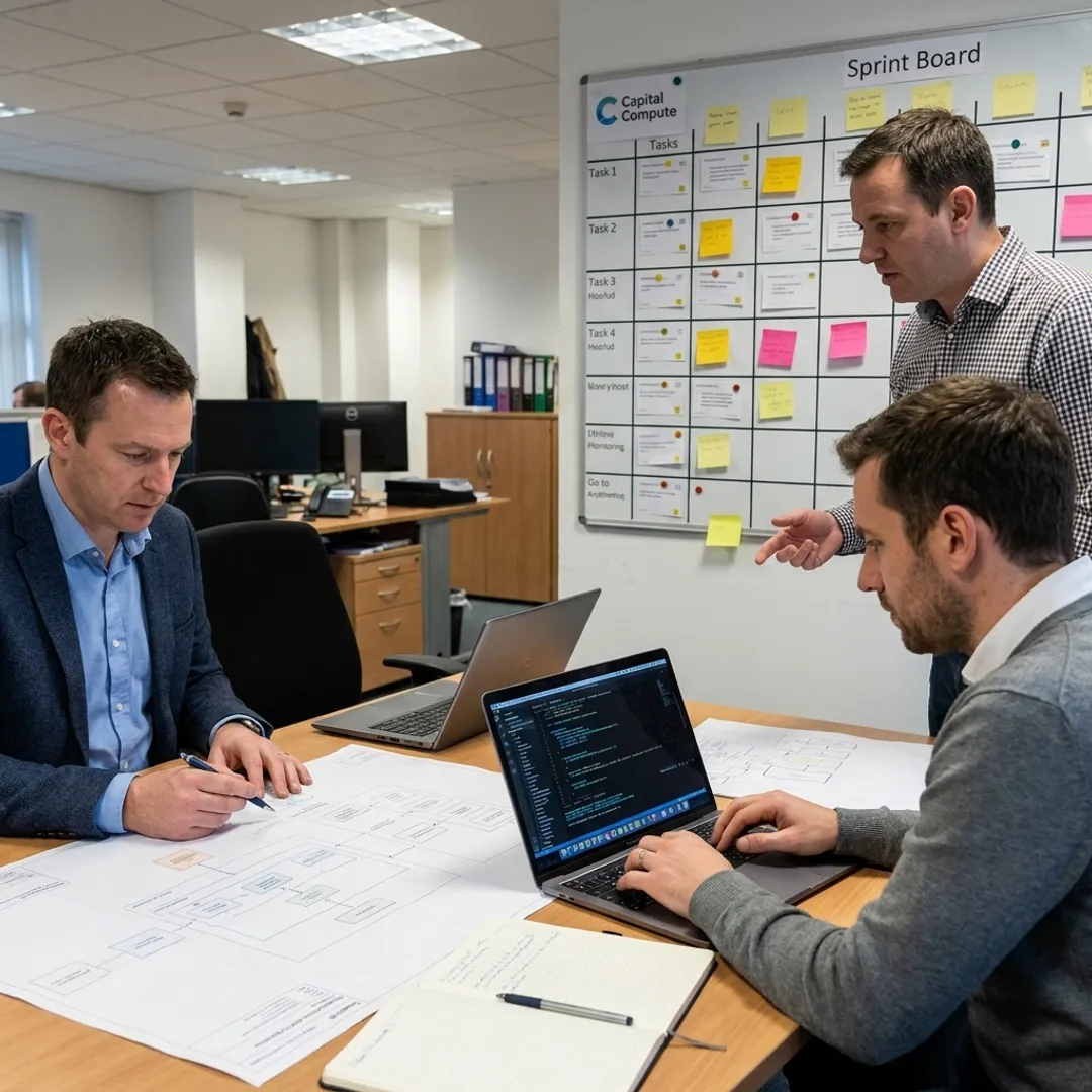 Software team reviewing project workflow
