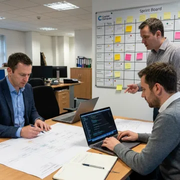 Software team reviewing project workflow