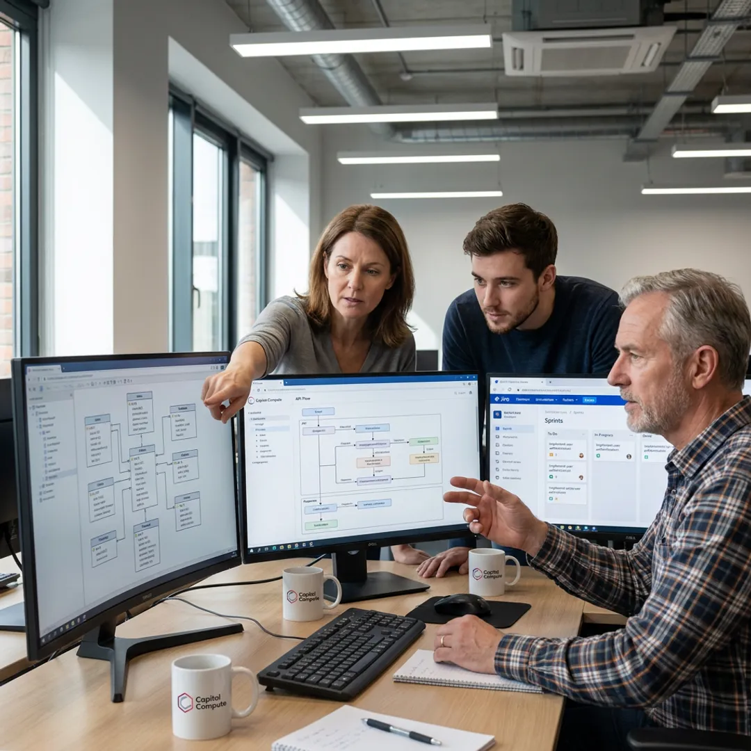 Engineers planning a custom database architecture