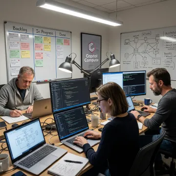 Dedicated software developers working on code