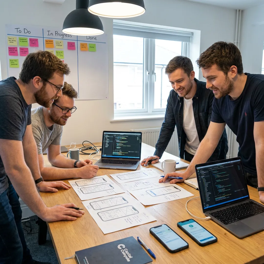 Engineers planning a mobile app development workflow