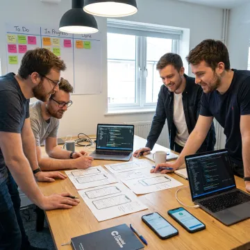 Engineers planning a mobile app development workflow