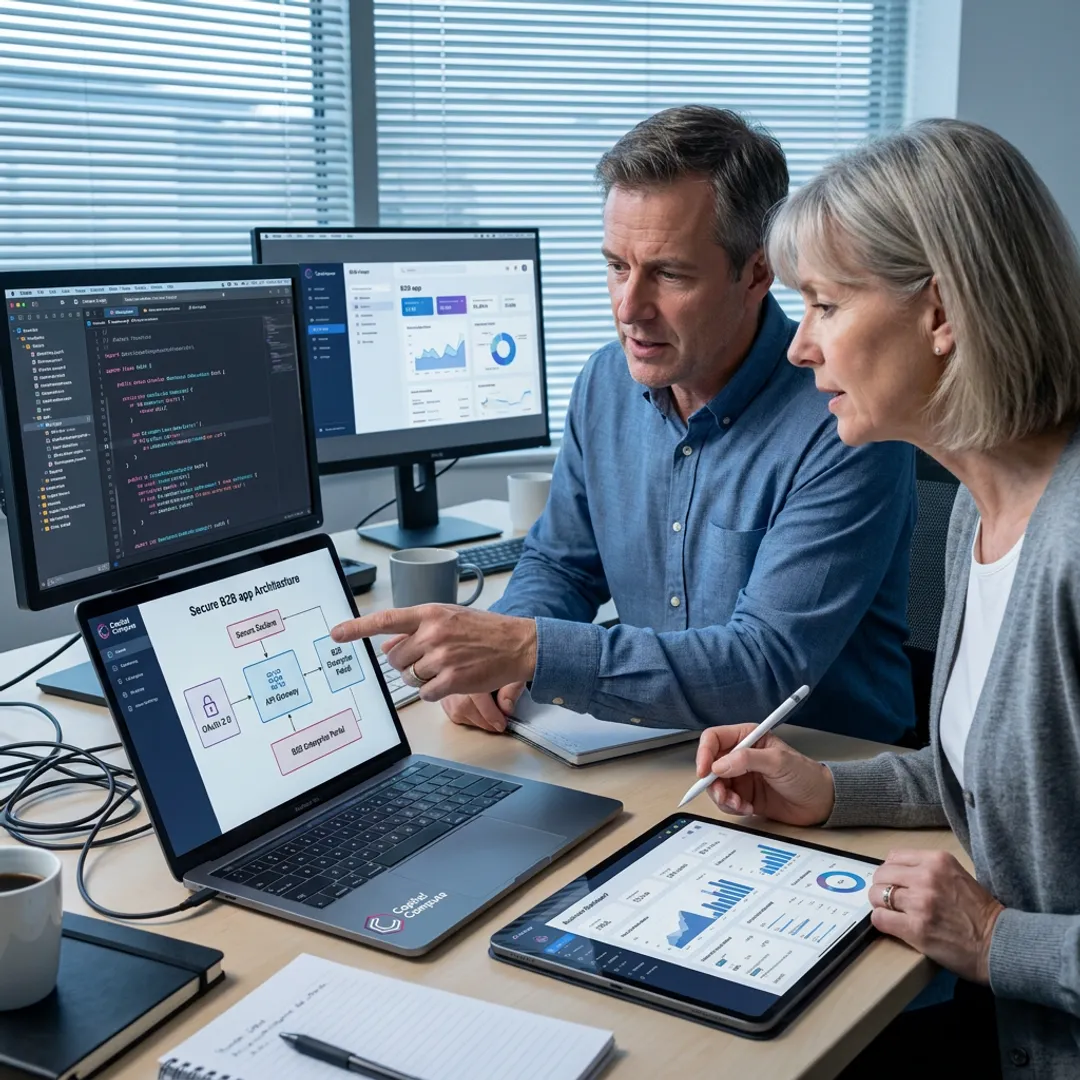 Senior iOS developers reviewing a mobile app interface