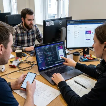 Mobile app developers designing an app interface