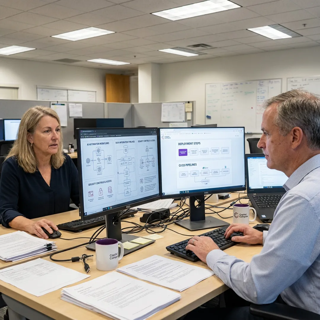 Engineers planning AI automation workflow