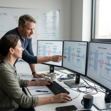 Engineers planning an AI software architecture workflow