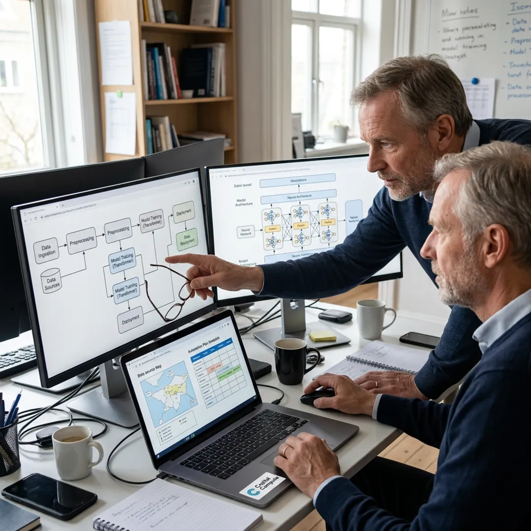 AI consultants reviewing workflow diagrams