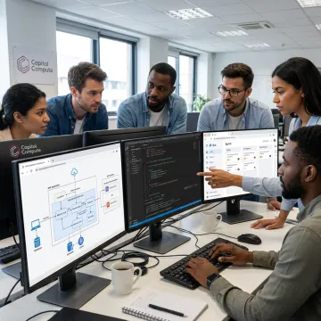 Engineers planning a custom web application workflow