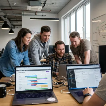 Startup founders working with software developers