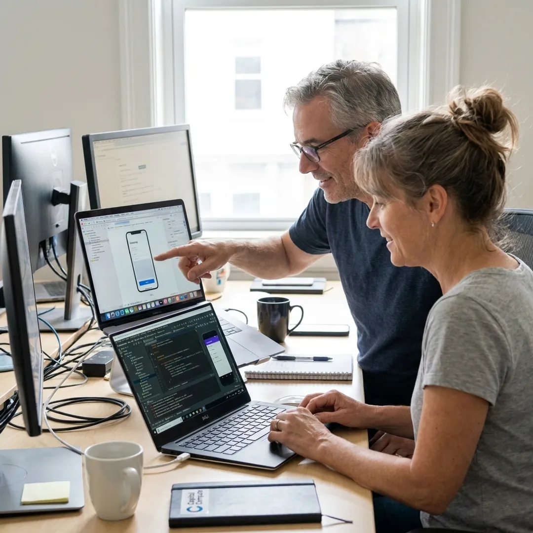 Mobile app developers working on iOS and Android designs