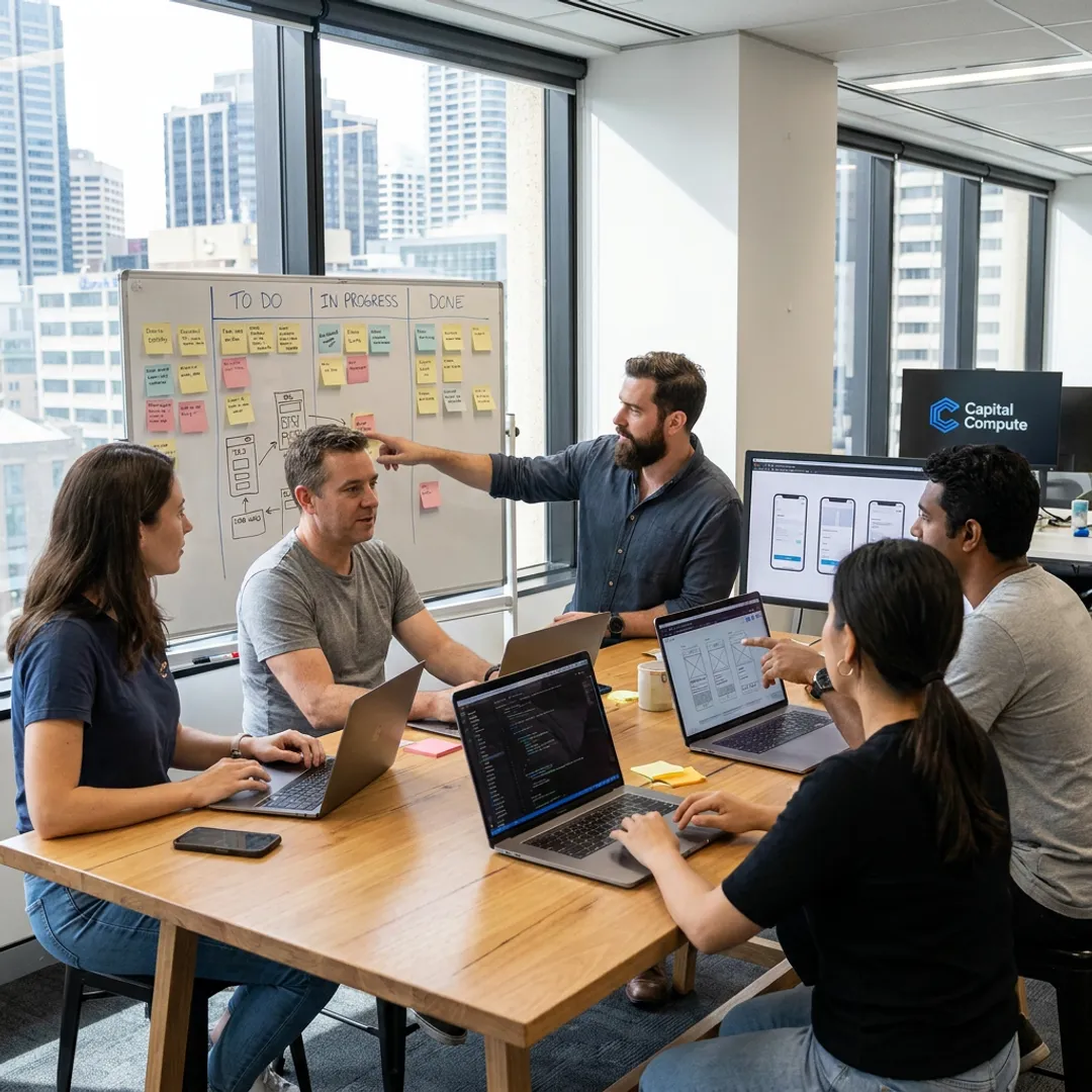 Mobile app developers reviewing sprint plans