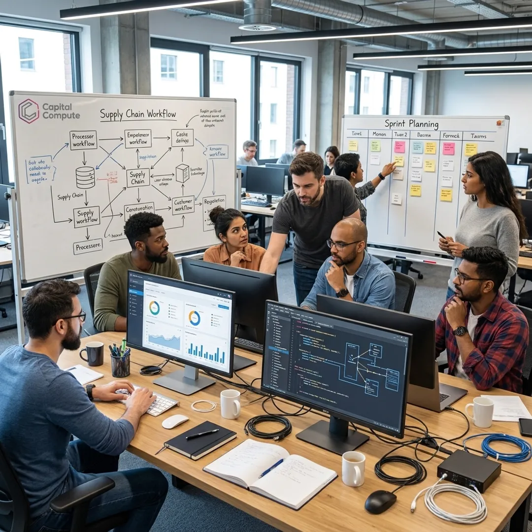 Engineers mapping supply chain software workflows