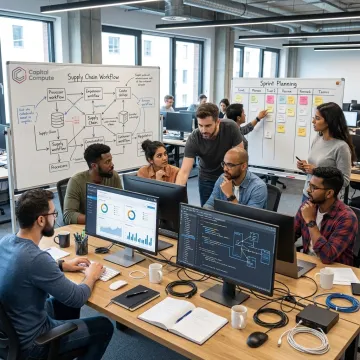 Engineers mapping supply chain software workflows
