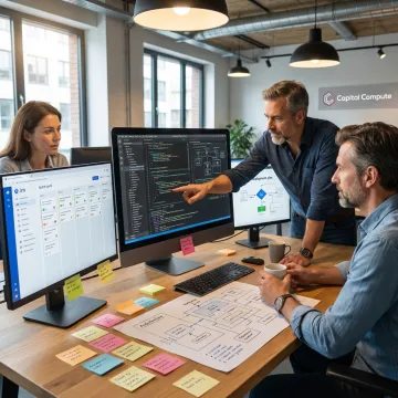 Software engineers reviewing application build workflow
