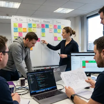 Web development team reviewing project roadmap