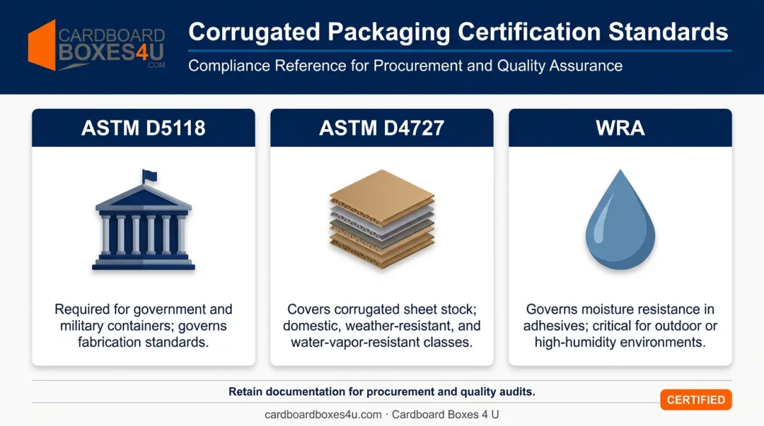 Corrugated packaging compliance certifications ASTM D5118 D4727 WRA standards breakdown infographic