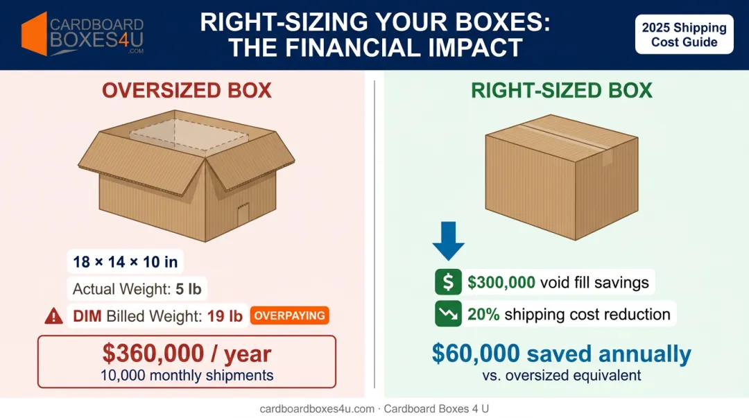 DIM weight overcharge cost impact versus right-sized box savings comparison infographic