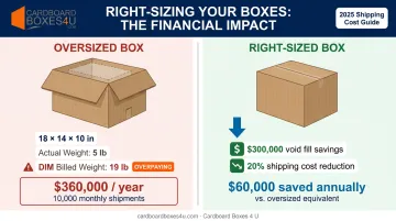 DIM weight overcharge cost impact versus right-sized box savings comparison infographic