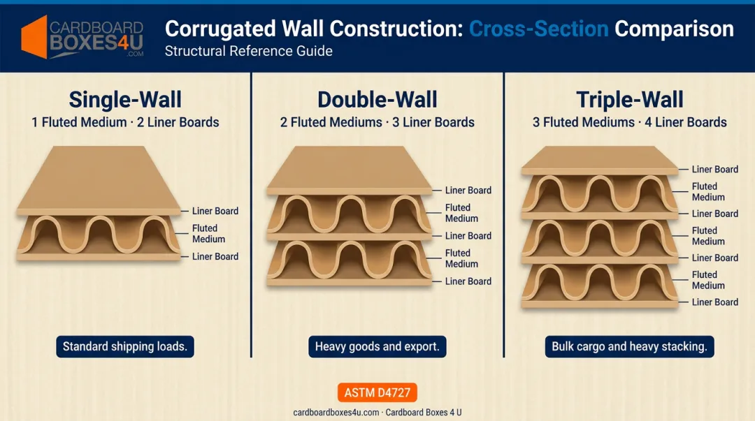 Single double and triple-wall corrugated board construction comparison infographic