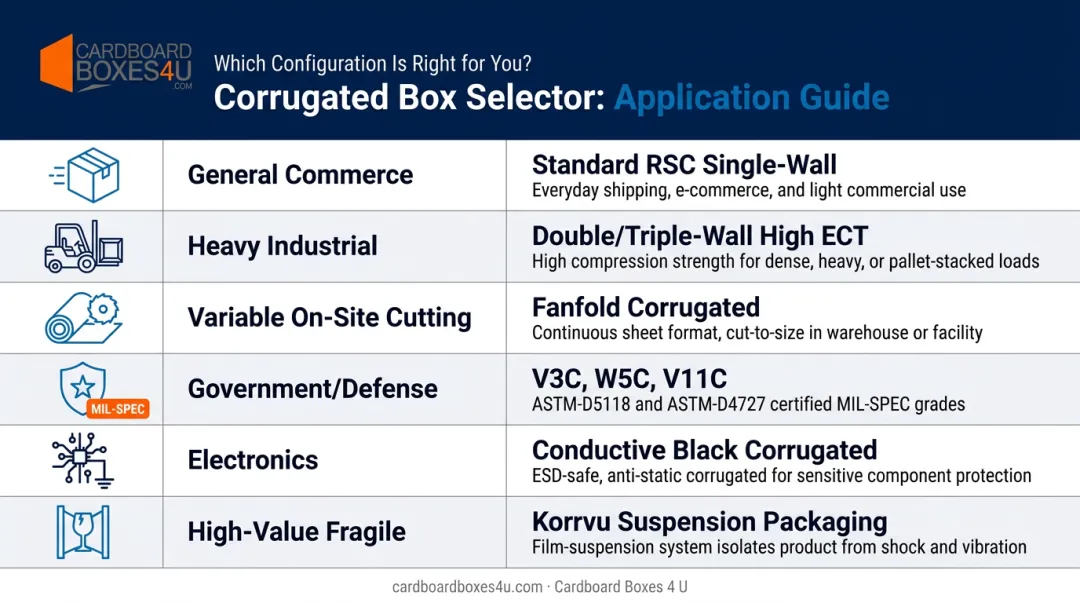 Corrugated packaging configuration selection guide by application type infographic