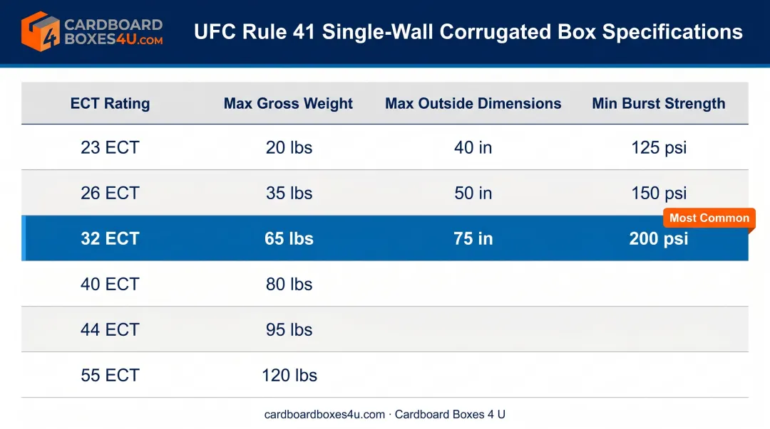 UFC Rule 41 single-wall corrugated ECT rating tiers and weight limits comparison