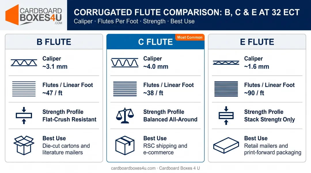 B C and E flute 32 ECT corrugated comparison infographic with specs and use cases