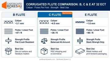 B C and E flute 32 ECT corrugated comparison infographic with specs and use cases