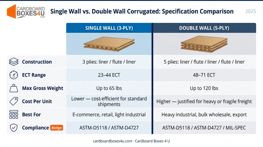 Single wall versus double wall corrugated box comparison chart with key specifications