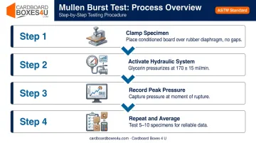 4-step Mullen burst test procedure for corrugated board testing infographic