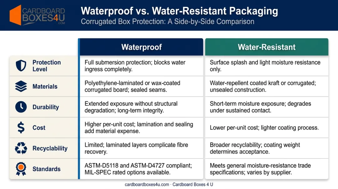 Waterproof versus water-resistant packaging six-factor comparison infographic