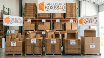 Cardboard Boxes 4 U corrugated box product range stacked and organized in warehouse