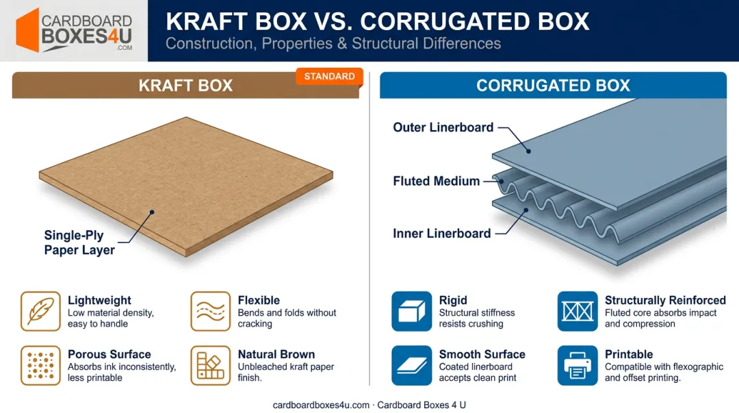 Kraft box versus corrugated box side-by-side structure comparison infographic