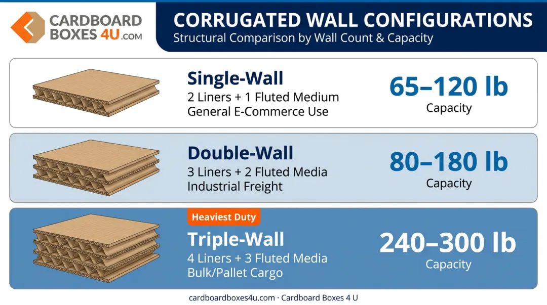Corrugated box wall configurations single double triple wall load capacity comparison