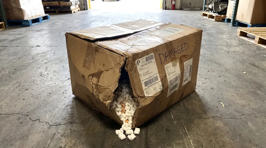 Damaged cardboard boxes on distribution center warehouse pallet showing case damage