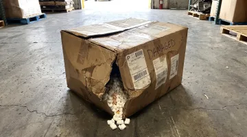Damaged cardboard boxes on distribution center warehouse pallet showing case damage