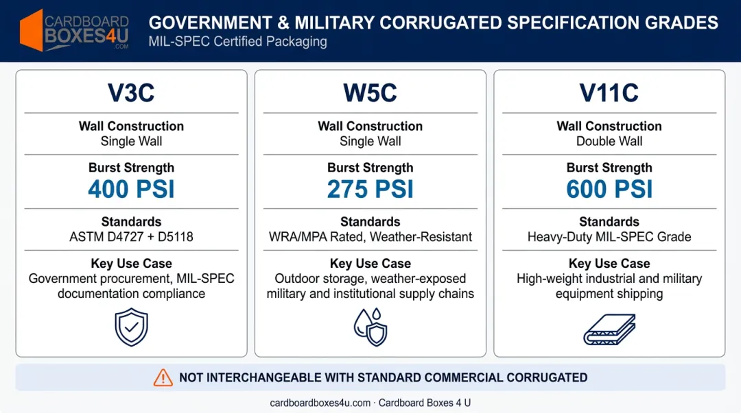 Government military corrugated spec grades V3C W5C V11C performance requirements comparison chart