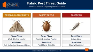 Three fabric-eating pests comparison chart showing target fibers and attractants