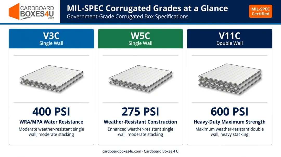 V3C W5C V11C military corrugated box grade comparison bursting strength specifications