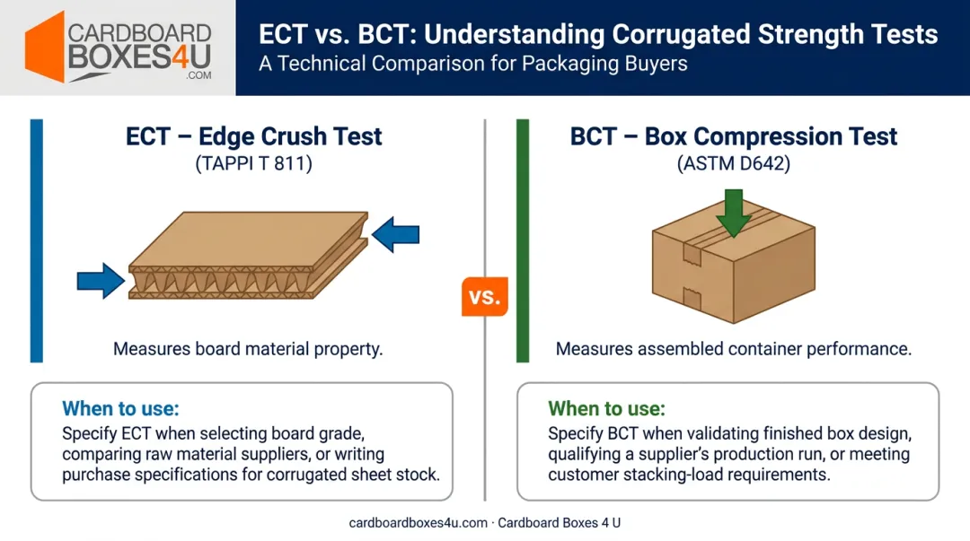 ECT versus BCT corrugated box strength rating comparison infographic