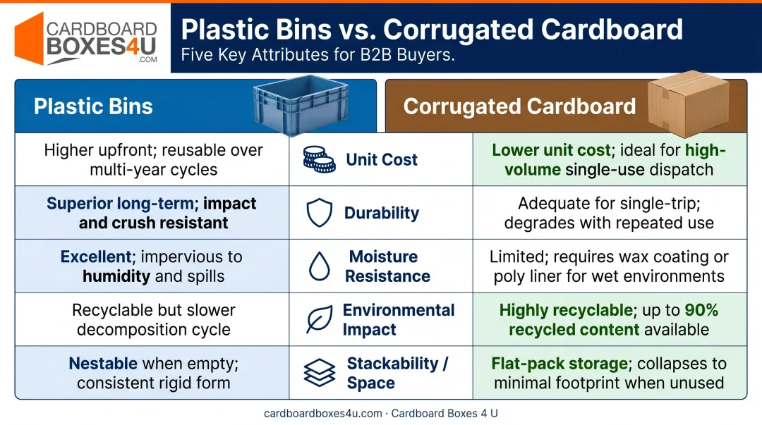 Plastic bins versus corrugated cardboard boxes five-attribute side-by-side comparison infographic